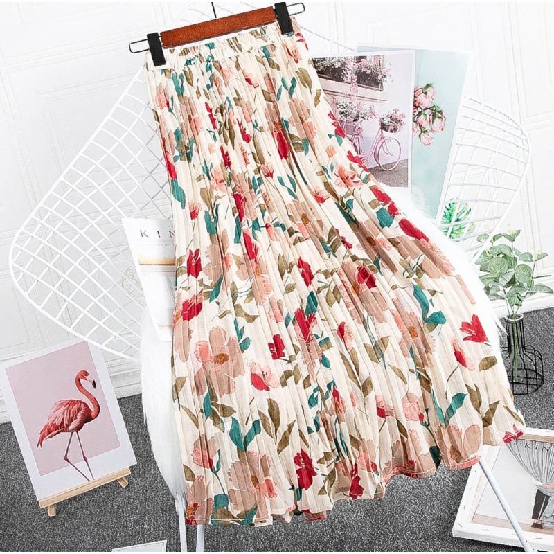 Jual Rok Plisket Panjang Rok Plisket Impor Motif Bunga Abstrak Rok Pastel Import Skirt 9649