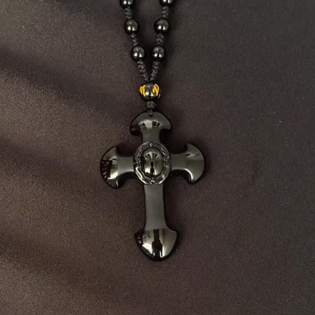 ALPHA OMEGA - Kalung Salib Batu Alam Obsidian - Aksesoris Rohani Kristen Katolik