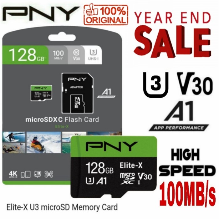 Jual MICROSD 128GB XC U3 V30 PNY ELITE-X 100MB/S 100% ORIGINAL | Shopee ...