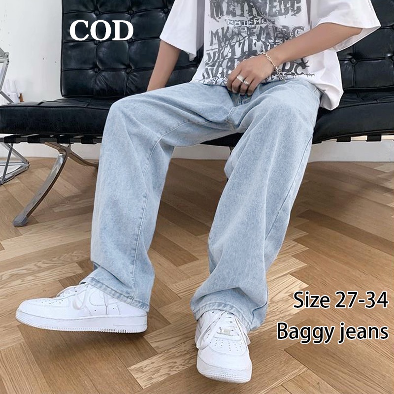 Jual Celana jeans pria baggy pants korean style oversize loose blue