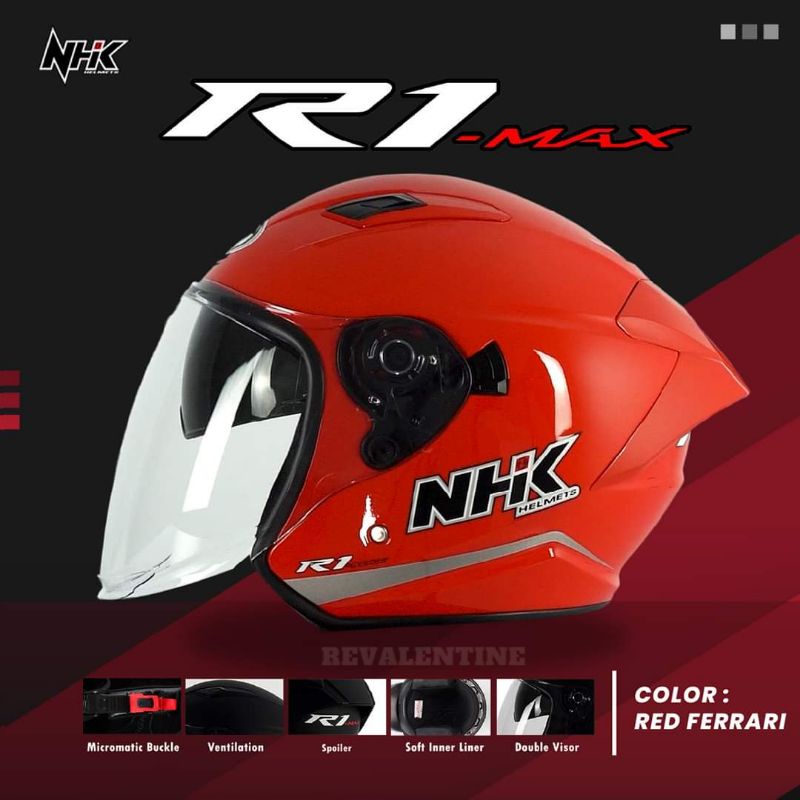 Jual NHK R1 MAX RED FERRARI GLOSSY ORIGINAL | DOUBLE VISOR| Helm Half ...
