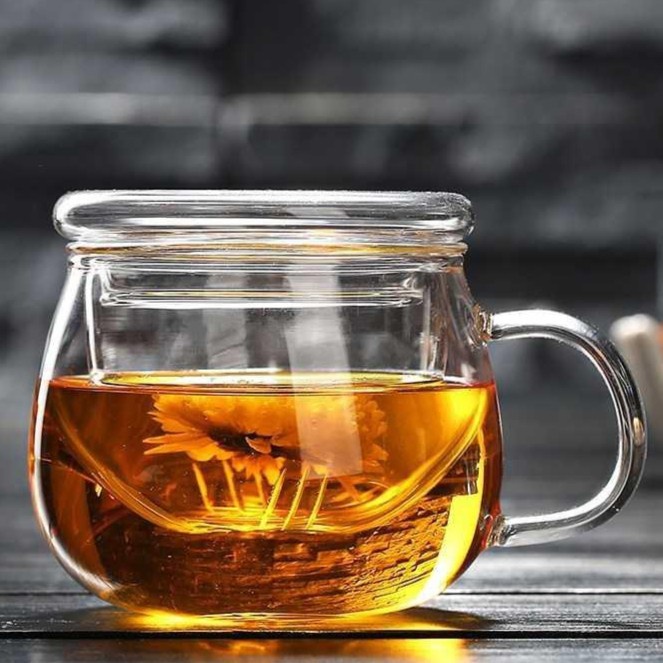 Jual Minum Clear Glass Tea Cup With Tea Infuser Filter & Lid 400Ml ...