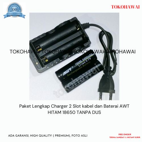 Jual Paket Lengkap Charger 2 Slot kabel dan Baterai AWT HITAM 18650 ...