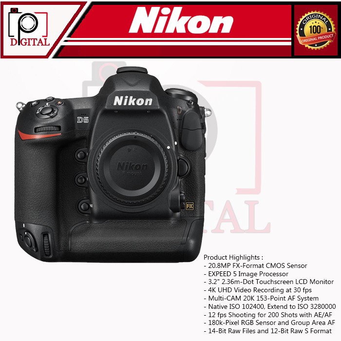 Nikon D5 Reflex Full Frame Con Sensore 20.8 MP, Processore EXPEED 5, Doppio Slot CF, Video 4K, Raffica 12 Fps