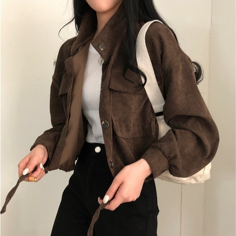 Jual EUNII Jaket Crop Lengan Panjang Corduroy Wanita Jacket Korean