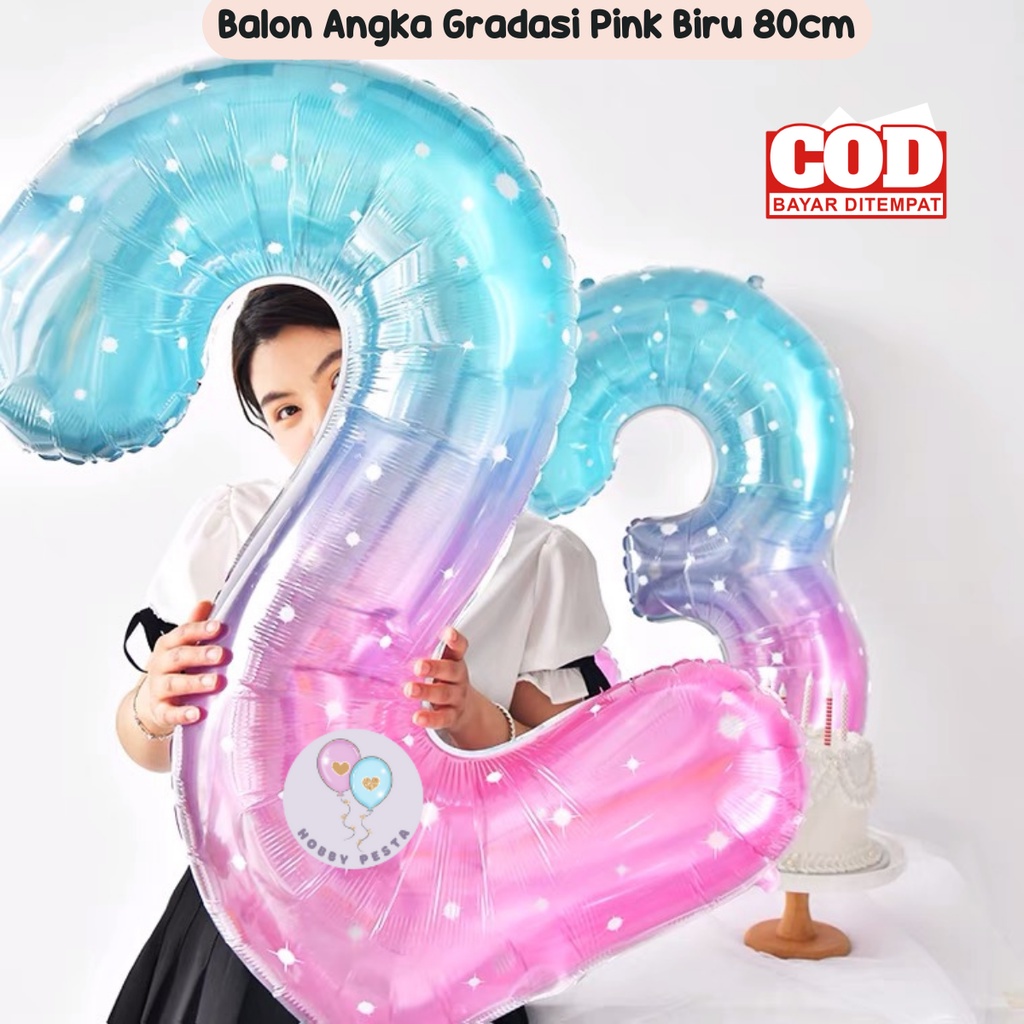 Jual BALON ANGKA GRADASI PINK BIRU 80CM / BALON FOIL ANGKA 80CM / BALON