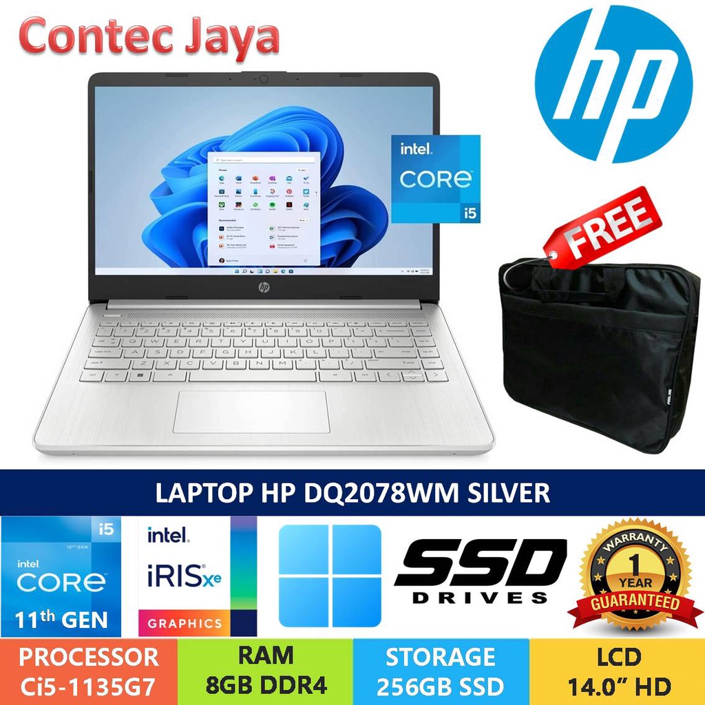 Jual Laptop HP DQ2078WM I5-1135G7 8GB 256GB SSD IrisXe W11 14" Silver ...