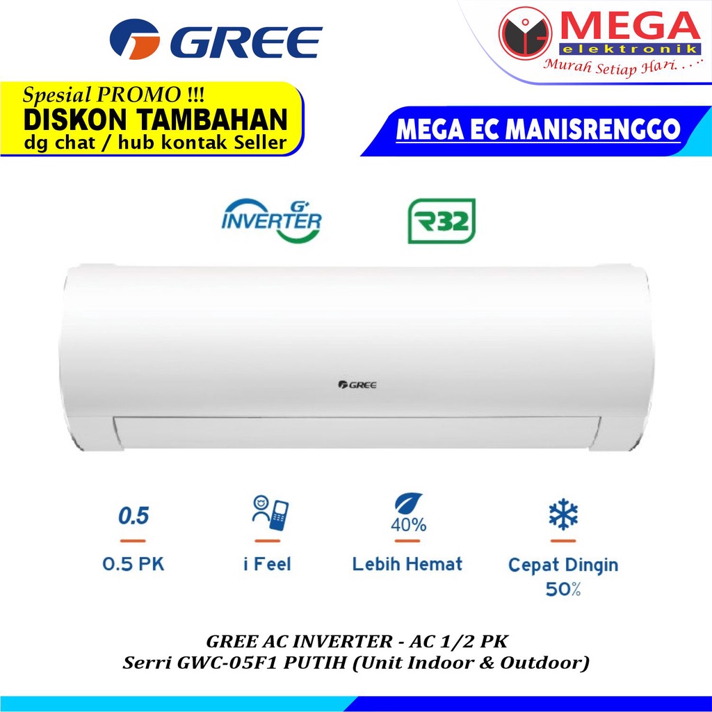 Jual AC INVERTER GREE 1/2 PK SERRI GWC-05FI PUTIH (INDOOR & OUTDOOR ...