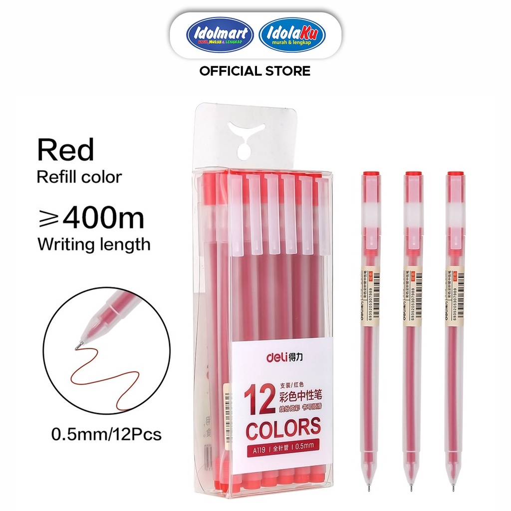 Jual IDOLMART Deli Pulpen Gel Pen A119 Merah / Tip 0.5mm Panjang ...