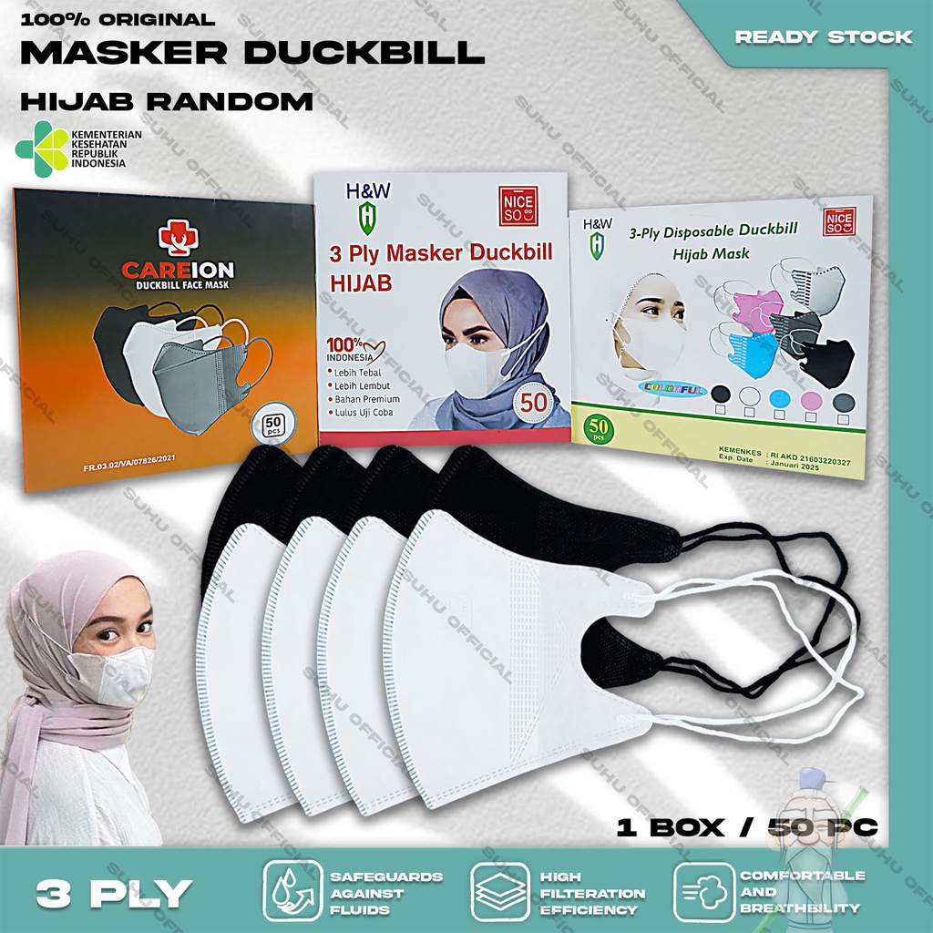 Jual Masker Duckbil Hijab Isi 50Pcs Putih Hitam Abu White Black Grey ...