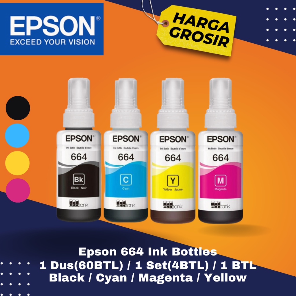 Jual Tinta Epson 664 Black Cyan Yellow Magenta Ink L121 L100 L110 L120 L200 L210 L220 L300 L310 8662