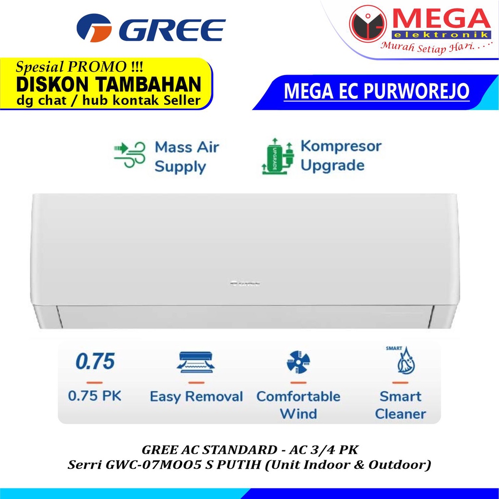 Jual AC GREE 3 4 PK STANDARD SERIES GWC 07MOO5S GWC 07 MOO5S GWC07MOO5S Shopee Indonesia