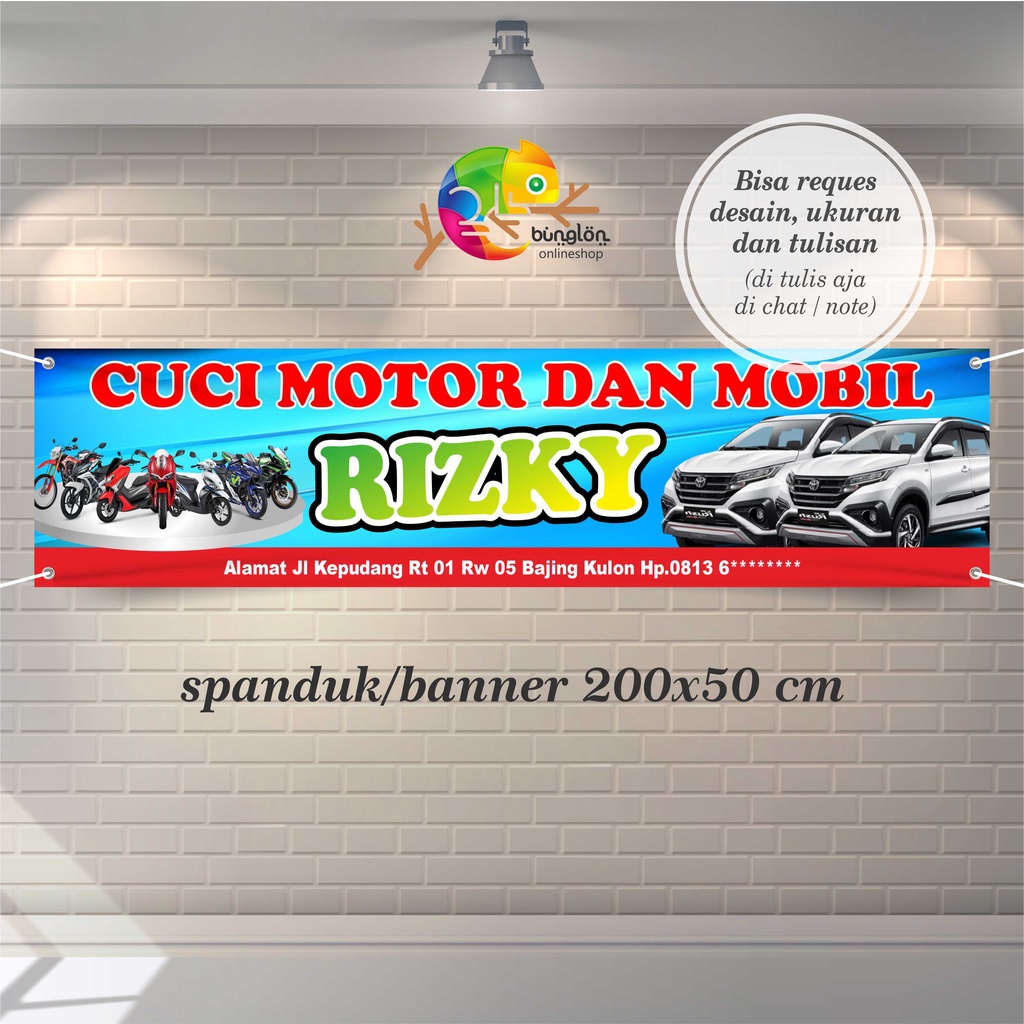 Jual Spanduk Banner 200x50Cm Cucian Motor, Cuci Mobil, Free Desain