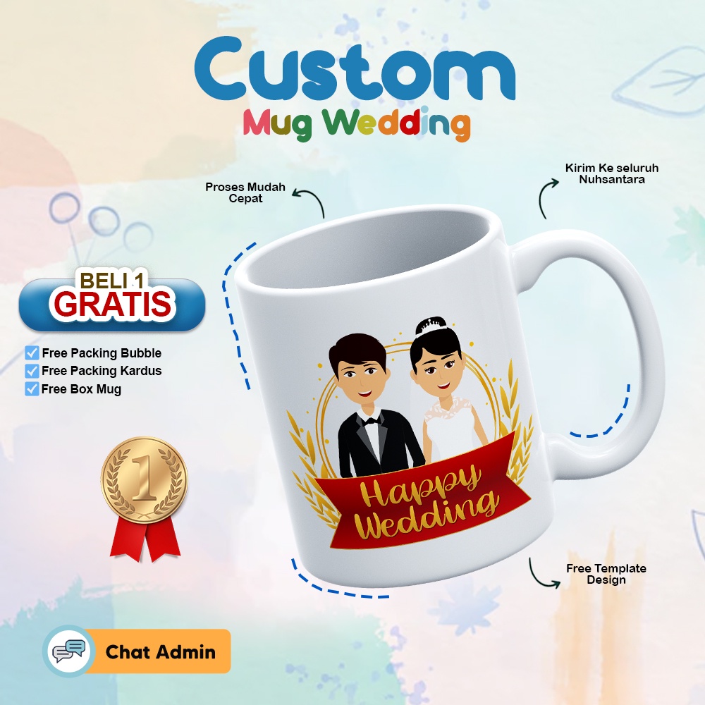 Jual HAPPY WEDDING/ CETAK MUG GELAS SOUVENIR PERNIKAHAN / MUG NIKAH / CUSTOM MUG HADIAH WEDDING