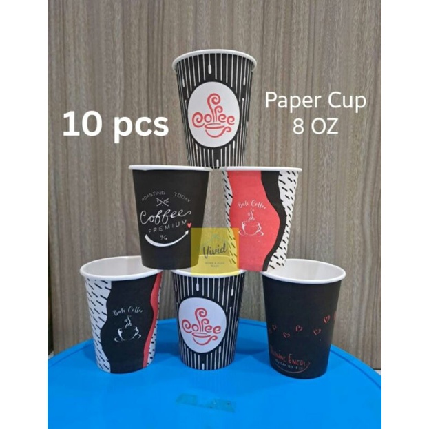 Jual Paper Cup 8oz (237ml) 10pcs - Cup Putih Motif Kopi Full Set Pipet ...
