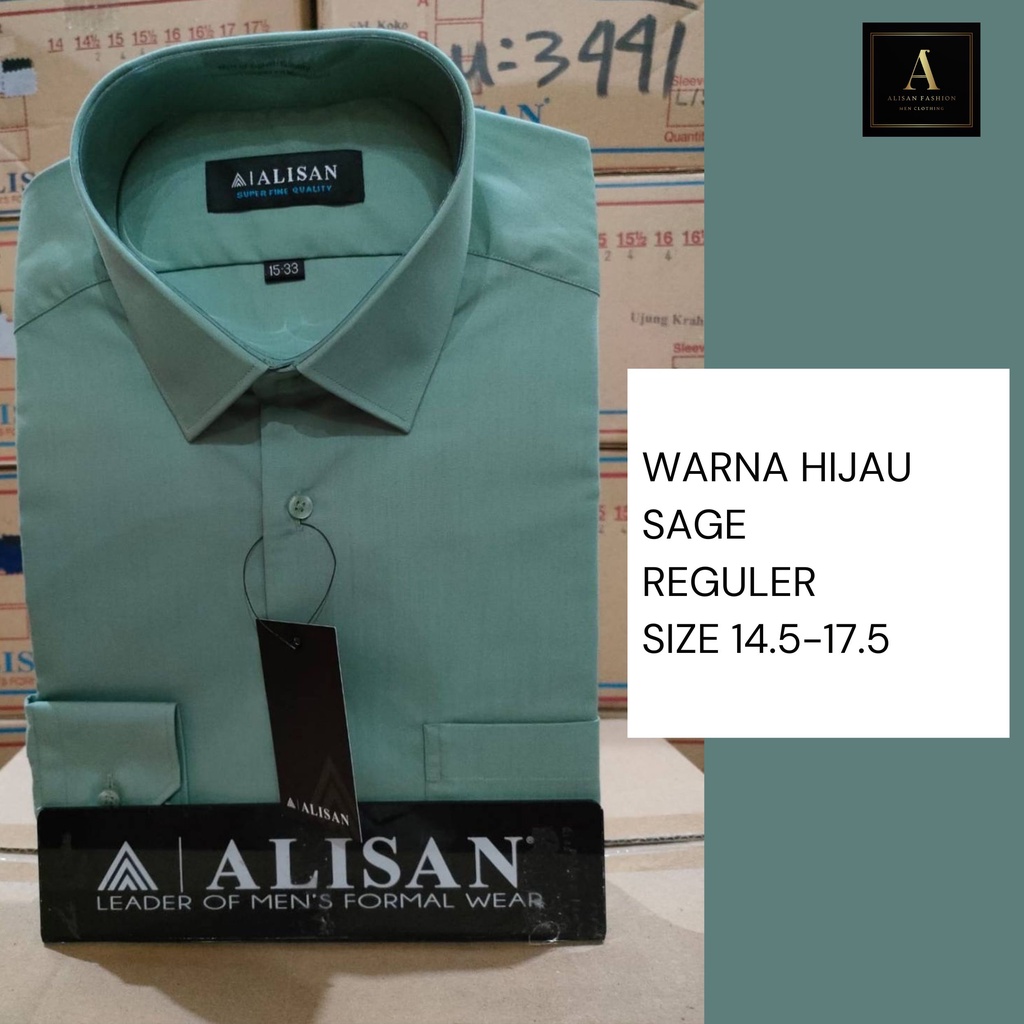 Jual Alisan Kemeja Pria Lengan Panjang Polos Reguler Warna Hijau Sage