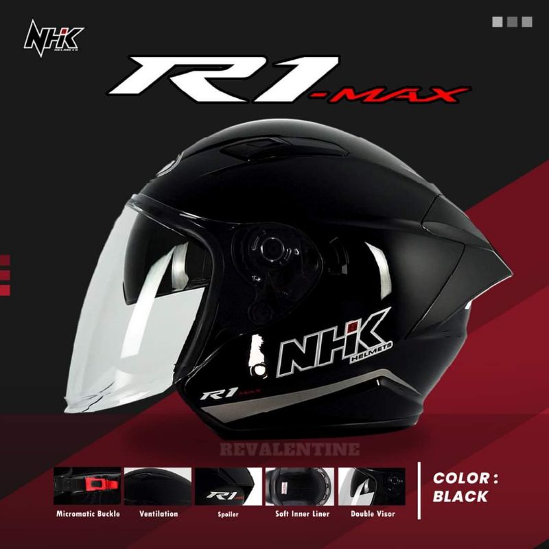 Jual NHK R1 MAX BLACK GLOSSY ORIGINAL | DOUBLE VISOR | Helm Half Face ...