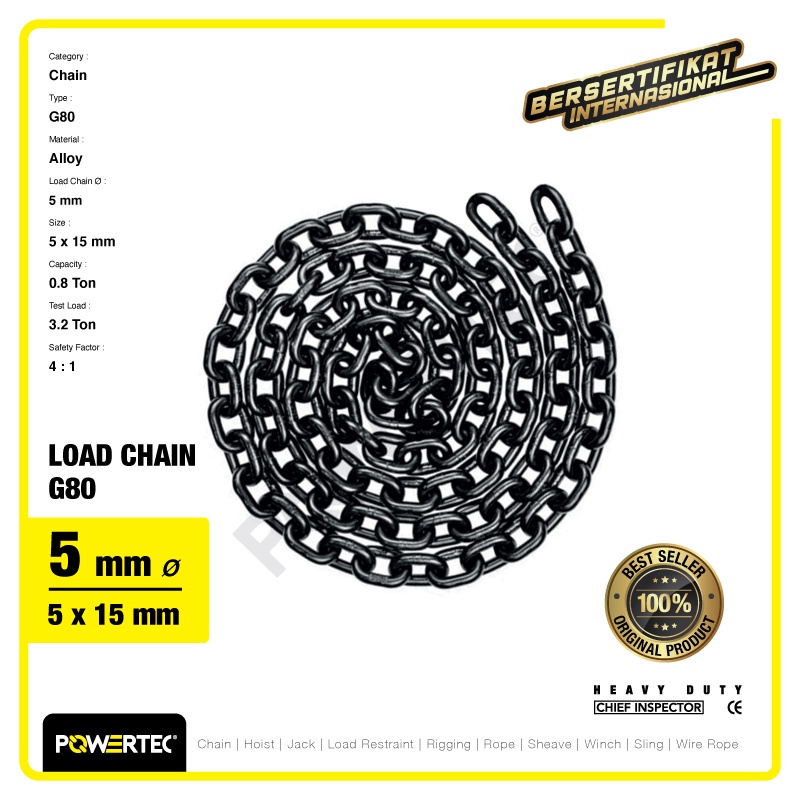 Jual POWERTEC Load Chain / Rantai Baja G80 - 5mm - Meteran | Shopee ...