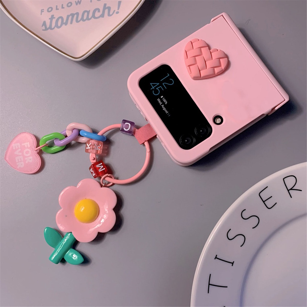 Jual Korean Cute Floral Alphabet Pendant Braided Love Heart Pink Case For Samsung Galaxy Z Flip