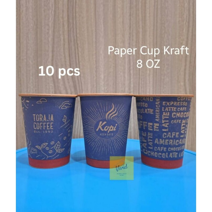 Jual [10 pcs] Paper Cup 8oz (237ml) - Papercup Kopi 8 oz Kraft Full Set ...