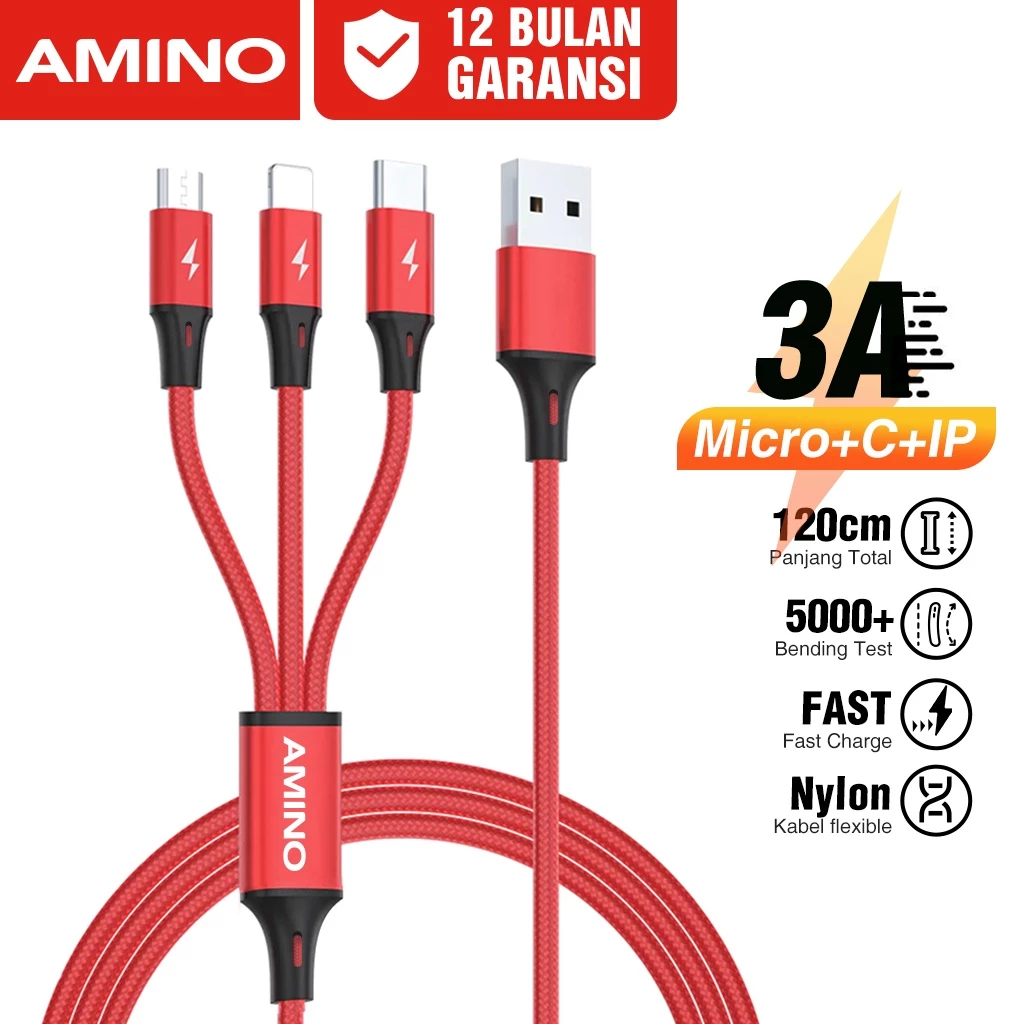 AMINO Kabel Data USB 3 in 1 Fast Charger Untuk Iphone iOS + Micro USB + Type C 120CM Quick Charger 3A