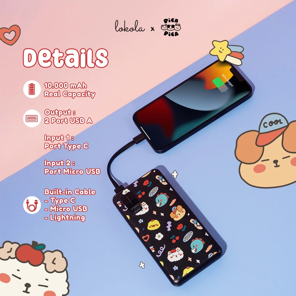 Powerbank with Multiple Connector 10.000mAh Lokola by Uneed x PicaPica
