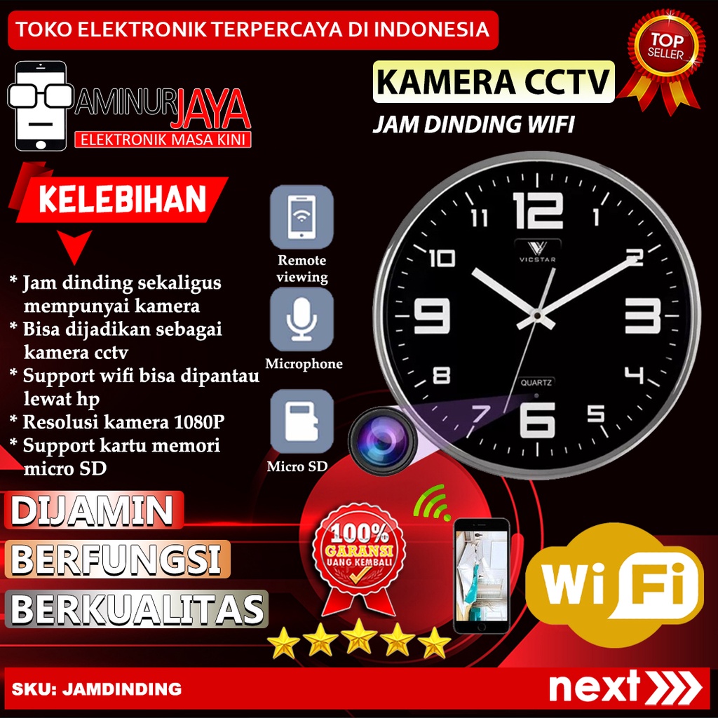 Jual Kamera CCTV Wall Clock IP Camera Wifi Jam Dinding Wireless Hidden