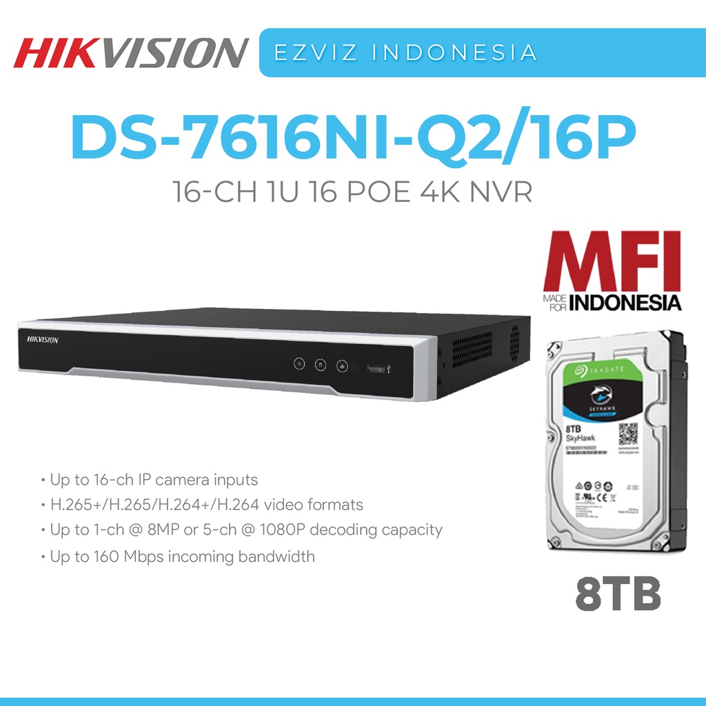 HIKVISION DS-7616NI-Q2/16P NVR 16 CHANNEL 1U 4K 16 PORT POE SLOT HDD