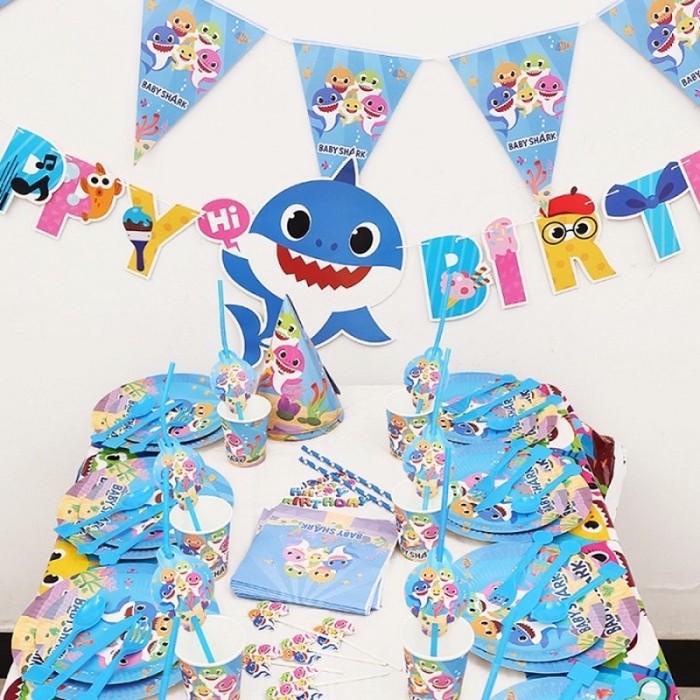 Jual Dekorasi Ulang Tahun / Ultah Baby Shark Piring, Gelas, Topi, Lilin
