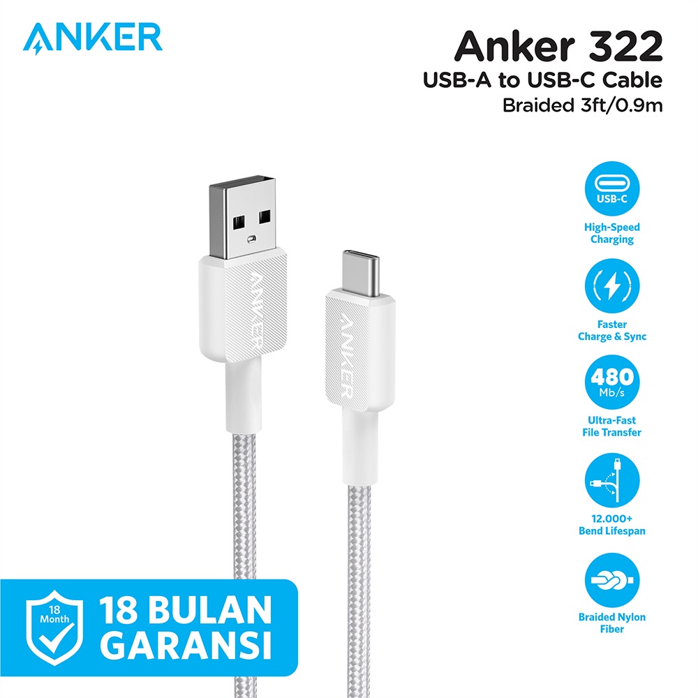 Jual Kabel Charger Anker 322 Fast Charging USBA to USBC 3ft A81H5