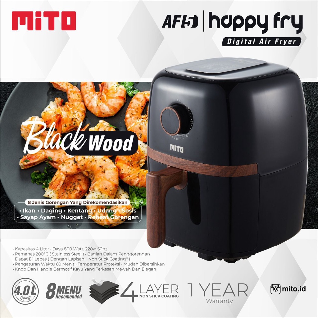 Jual Mito Digital Air Fryer Af5 4 Liter Happy Fry Wood Series Black