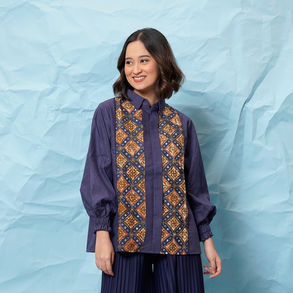 Jual Nona Rara Elegi Indigo T Baju Kerja Blouse Batik Wanita Modern Shopee Indonesia