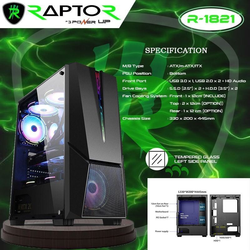 Jual Casing Gaming ATX MICRO ATX 3Power Up RAPTOR R-1821 TG FREE 1 FAN ...
