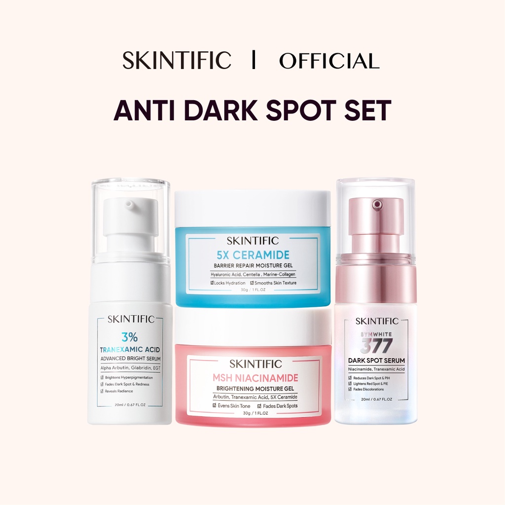 SKINTIFIC Anti Dark Spot Paket Skincare 4pcs Tranexamic Acid Serum + 5x Ceramide Moisturizer + MSH Niacinamide Moisture Gel + Symwhite 377 Serum