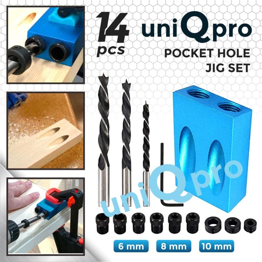 Jual Pocket Hole Jig UNIQPRO set 14pcs For Invisible Joint 6mm 8mm 10mm ...