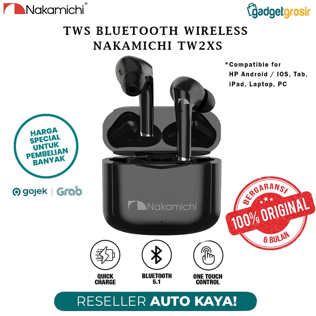 TWS Nakamichi TW2XS Earphone Bluetooth 5.1 Wireless Earbuds Super Bass Gaming HD HIFI with Mic Original Garansi Support Call HP TAB Laptop PC