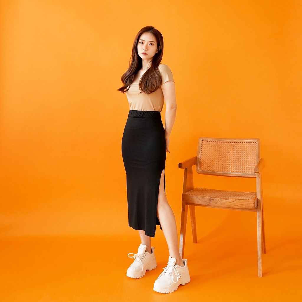 Jual OROY Skirt Korean Long Skirt Span Wanita Rok Hitam Panjang OR1050