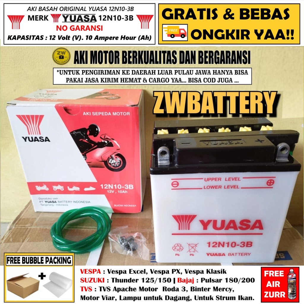Jual AKI MOTOR 12N10-3B BINTER MERCY, MOTOR RODA 3 YUASA ORIGINAL 10