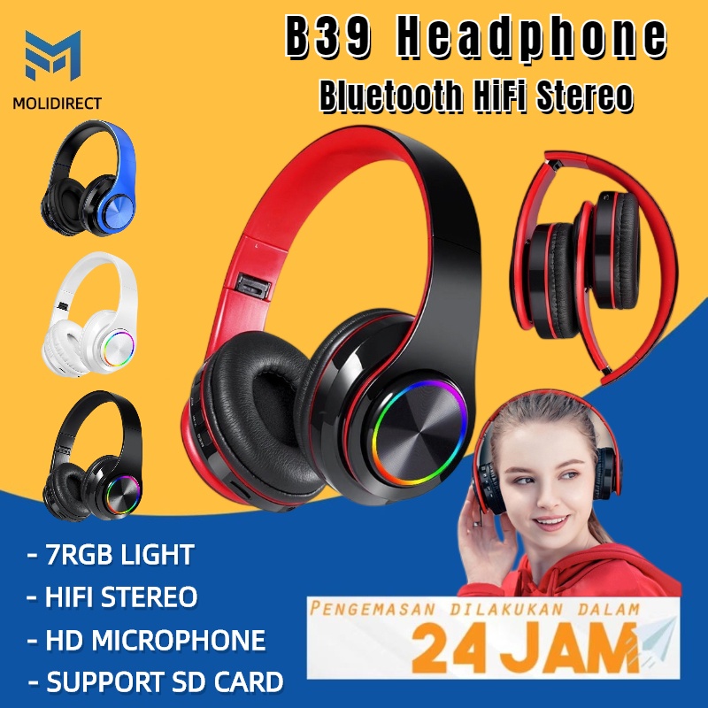 Jual B39 Bluetooth Headphone Headset Musik Gaming Dengan Lampu LED Dan Mic Suara HIFI Bass