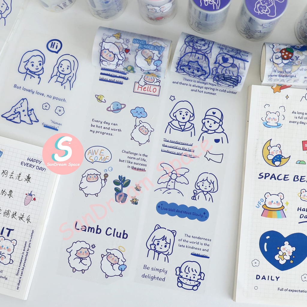 Jual Sticker gulung Selotip Washi Gambar Biru Lucu cocok untuk diary ...