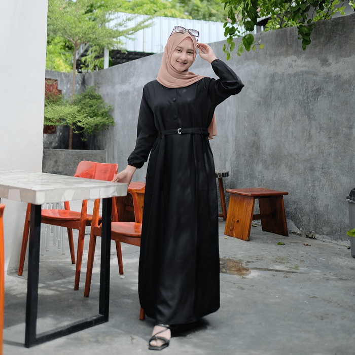 Gamis Long Dress Hijab Lebaran Wanita Polos Terbaru - Hitam
