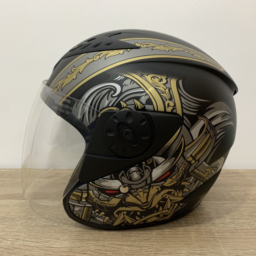 Jual Helm Vixion Samurai (Gold) Hitam Doff Kaca Iridium Silver