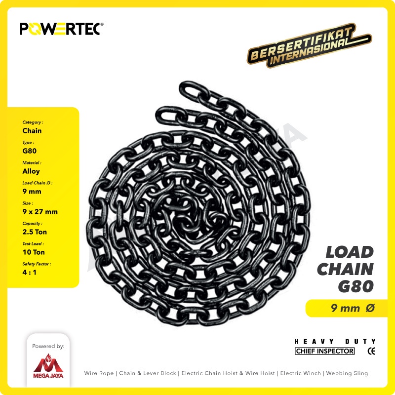 Jual POWERTEC Load Chain / Rantai Baja G80 - 9mm | Shopee Indonesia