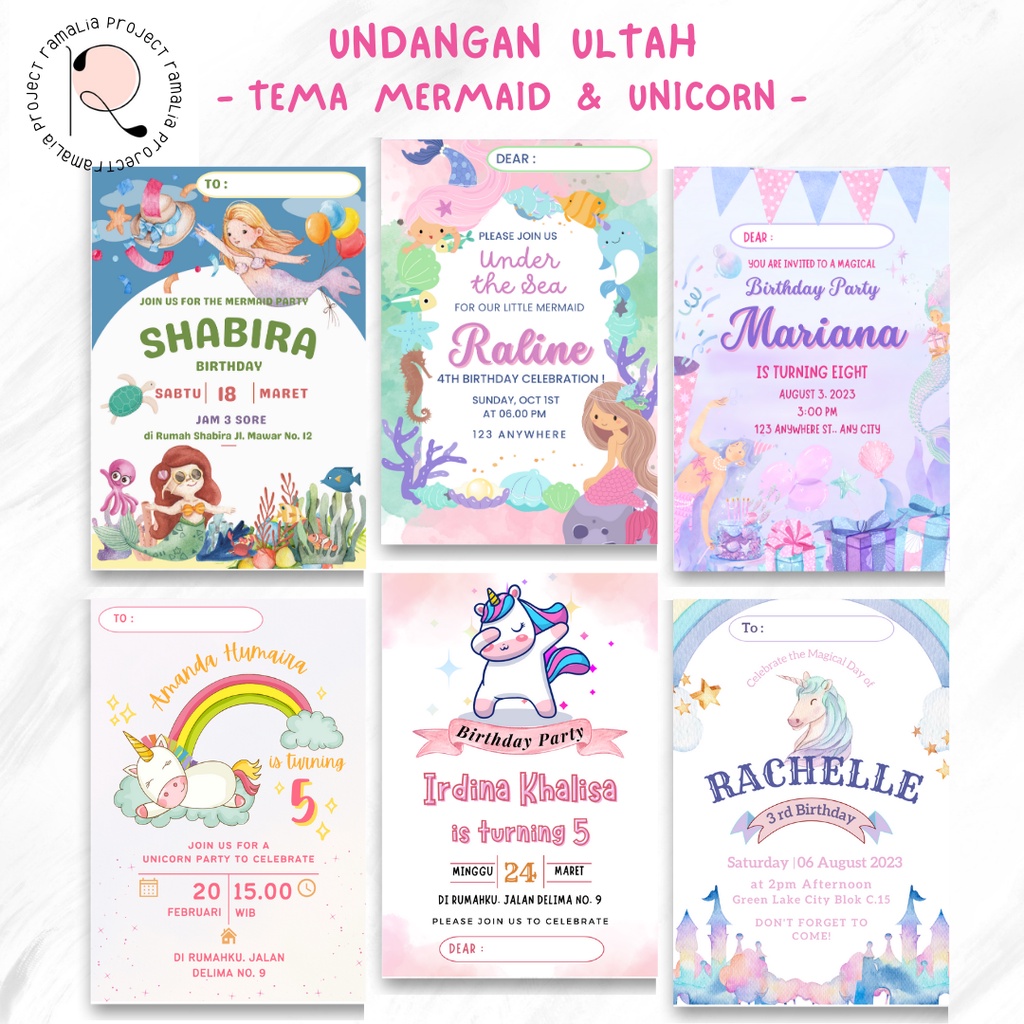Jual BIRTHDAY INVITATION / UNDANGAN MERMAID UNICORN / UNDANGAN ULANG