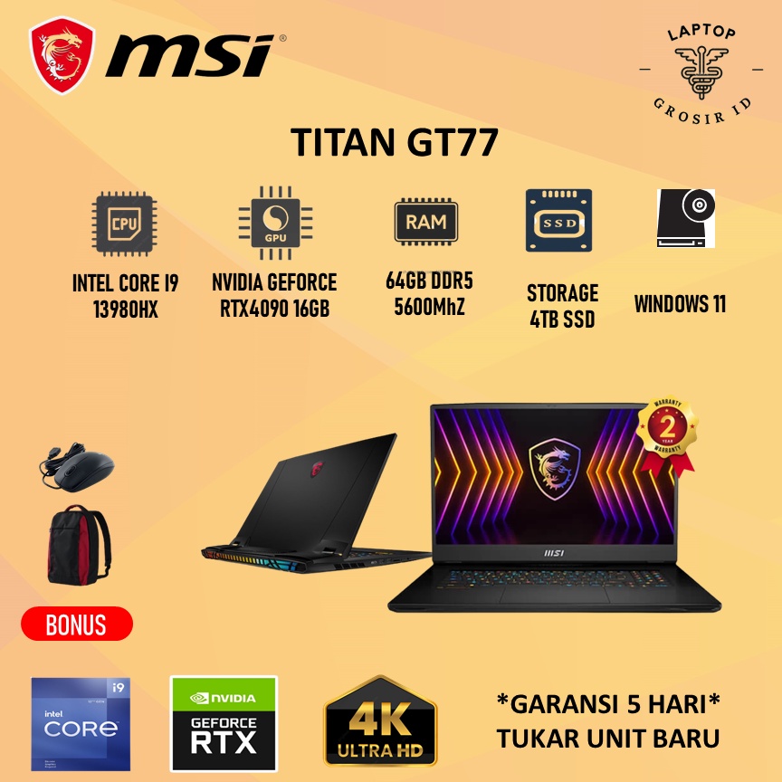 Jual Laptop MSI TITAN GT77 RTX4090 16GB I9 13980HX 64GB 4TBSSD W11