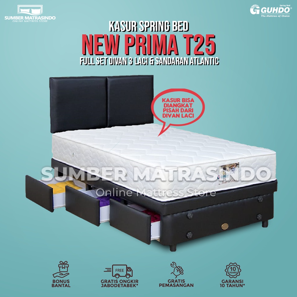 Jual Guhdo Spring Bed Kasur New Prima T25 Divan 3 Laci Drawer HB Atlantic FULL SET / KASUR