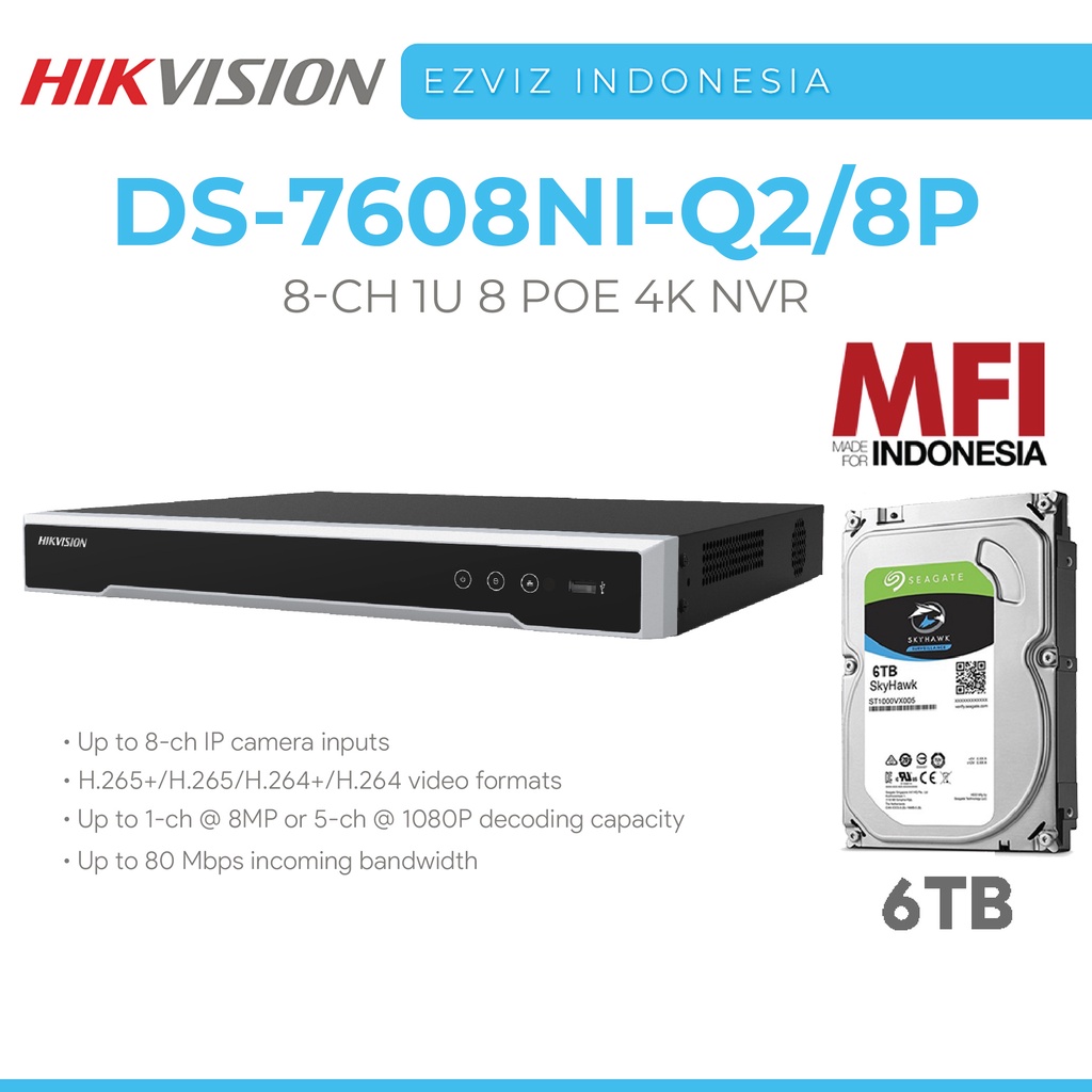 HIKVISION DS-7608NI-Q2/8P NVR 8CH 1U 4K POE SLOT HDD GARANSI RESMI