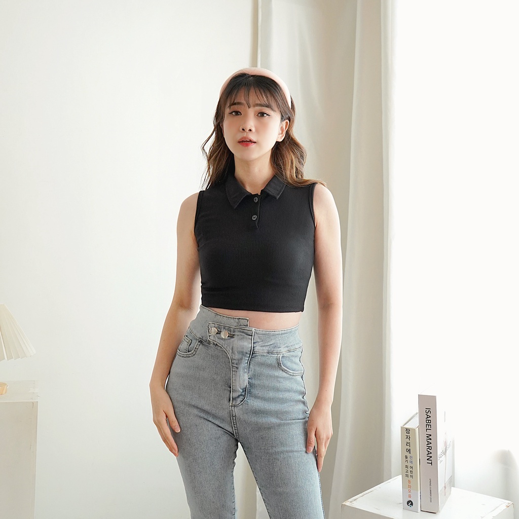 Jual Crop Top Tanktop Kerah Rib Knit Wanita Tank-Top V-neck 137 ...