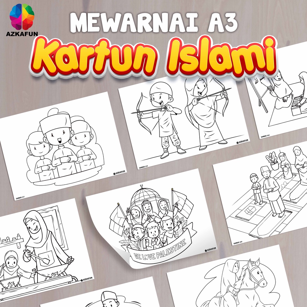 Jual Kertas Mewarnai A3 KARTUN ISLAMI - lembar mewarnai anak | Shopee