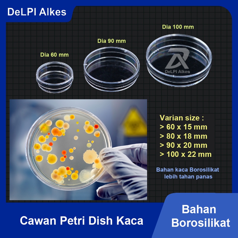 Jual Cawan Petri Dish Kaca Glass Borosilikat Diameter 60 mm, 80 mm, 90
